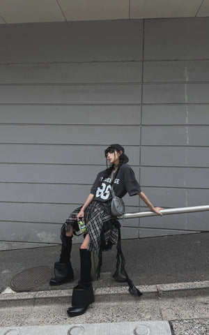 Asymmetrical Plaid Skirt with Lace Paneling