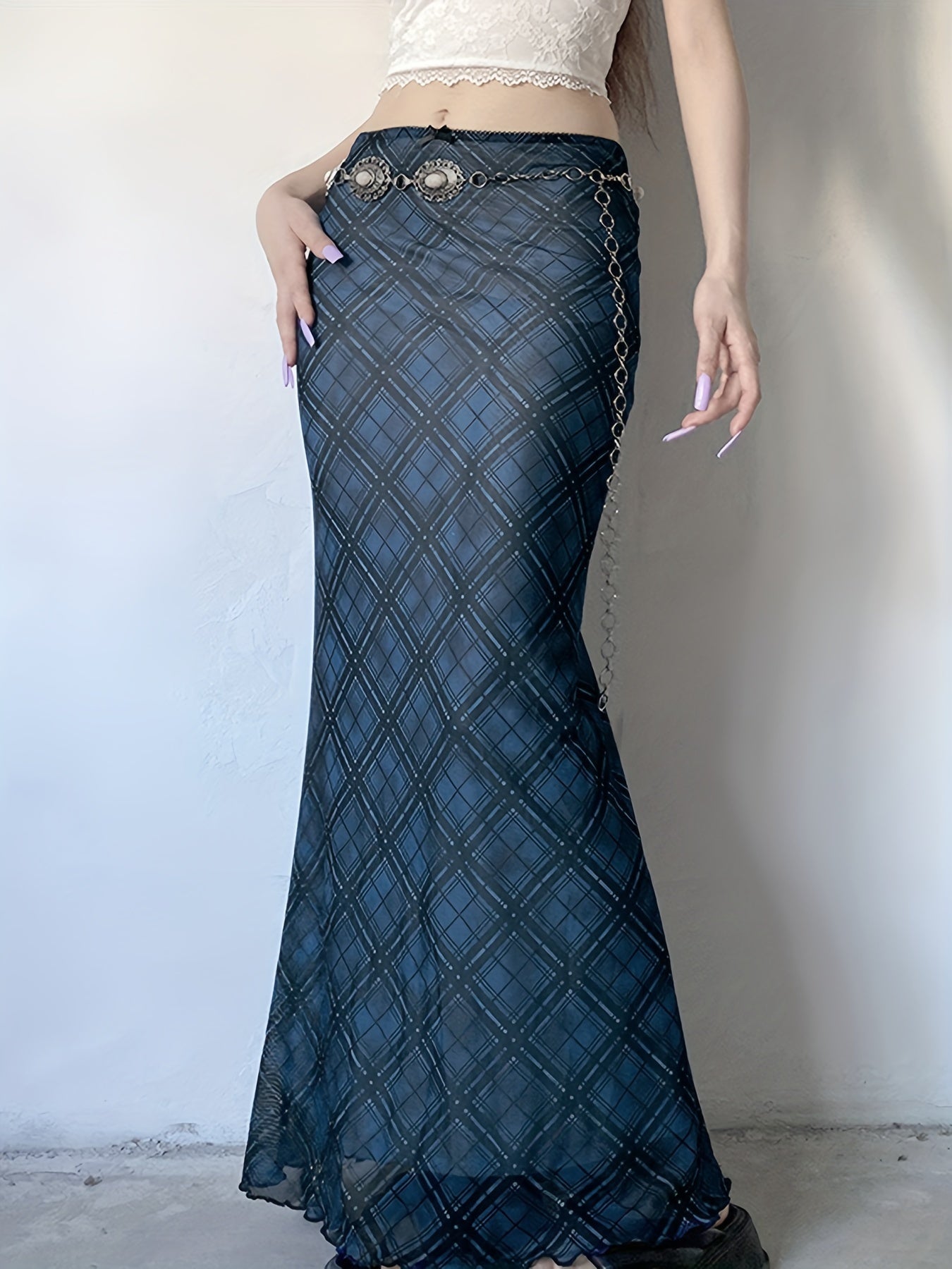 Y2K-Inspired Vintage Plaid Mesh Maxi Skirt with Bow Detail - Stretchy & Machine Washable, Elegant Two-Layer Design for Women