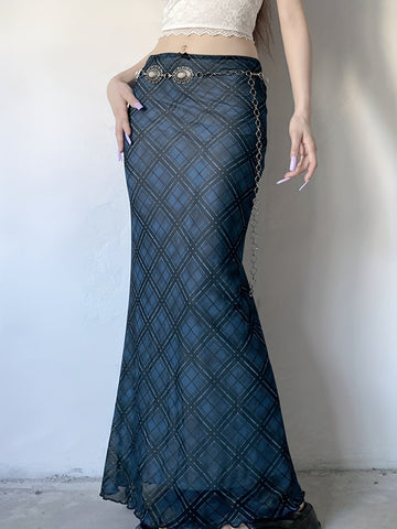 Y2K-Inspired Vintage Plaid Mesh Maxi Skirt with Bow Detail - Stretchy & Machine Washable, Elegant Two-Layer Design for Women