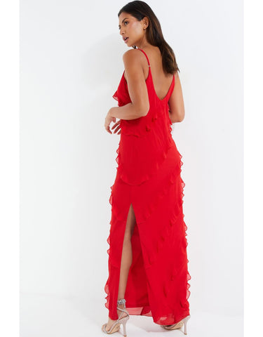 Ruffle Tie Backless Slip Maxi Dress - Red