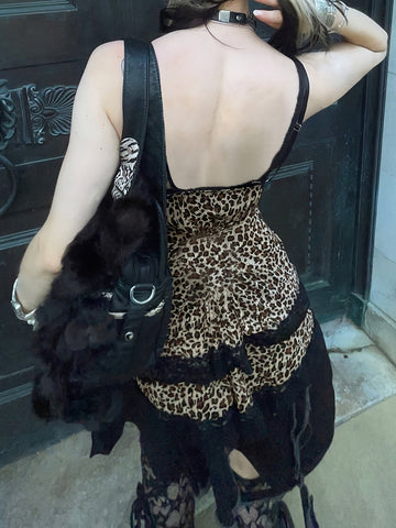 Y2K Leopard Print Cami Top with Lace Trim and Bow Detail, V-Neck, Polyester Blend - Stylish Tank