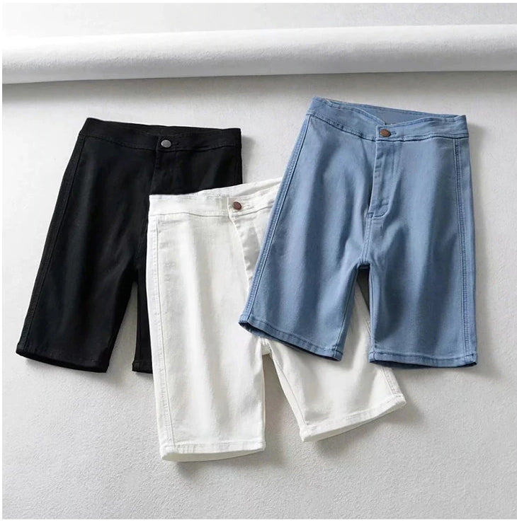 Elastic Waist Thin Denim Shorts Jeans