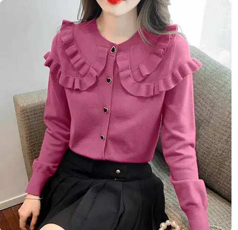 Solid Ruffles Peter Pan Collar Slim Sweater