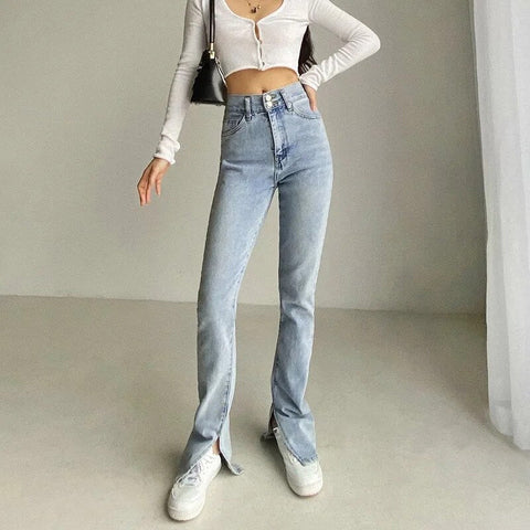 Retro High Waist Splitted Leg Flare Jeans