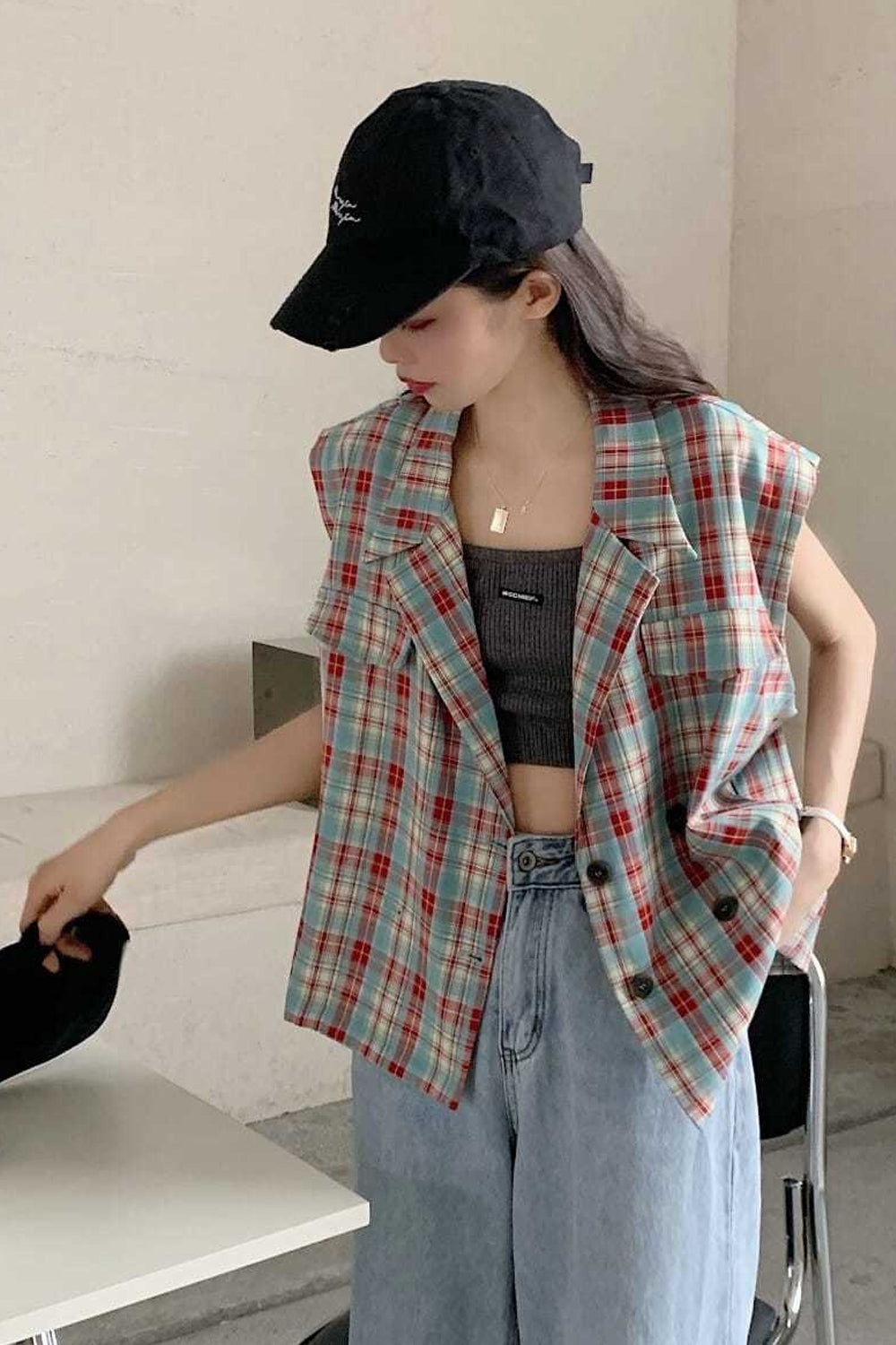 Sleeveless Plaid Style Vest Tops