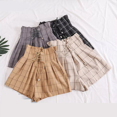 Elastic Waist With Tie Plaid Shorts