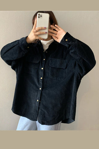 Long Sleeve Pockets Corduroy Loose Shirt