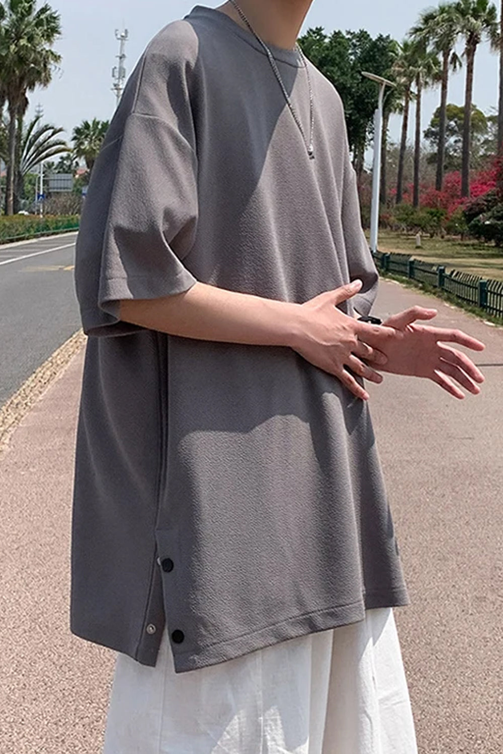 Loose Short Sleeve Hip Hop Side Slit Button Men Shirts