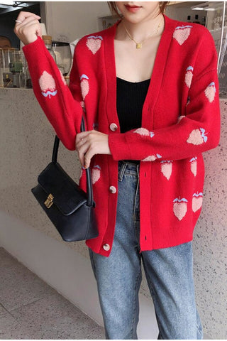 Strawberry Pattern V-Neck Knitted Cardigan Sweater