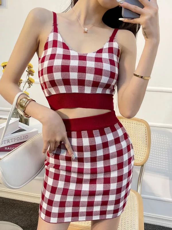 Two Piece Plaid Crop Tops With Mini Skirt Outfit Set