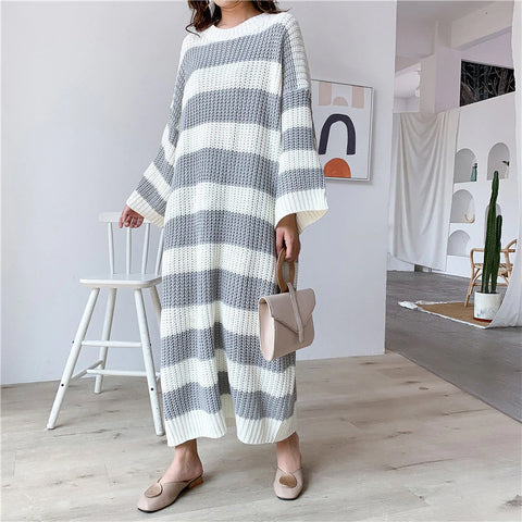 Loose Long Striped Crew Neck Knitted Dress
