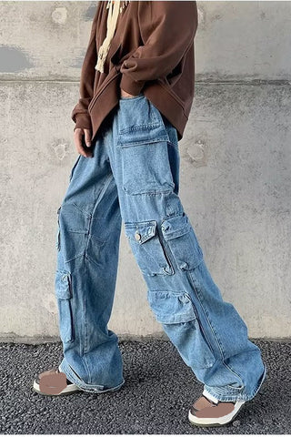 Cargo Multi Pockets Straight Blue Long Pants