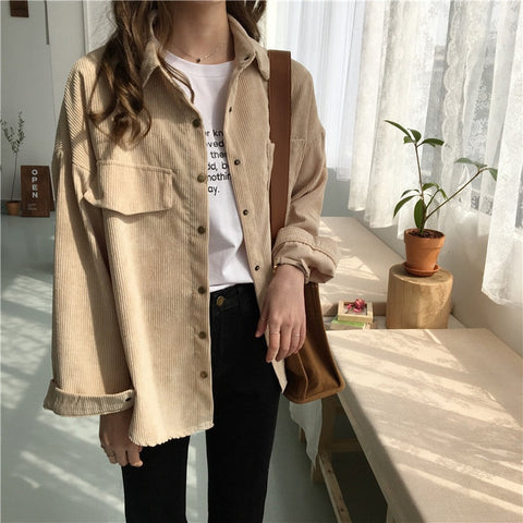 Loose Solid Long Sleeve Corduroy Tops