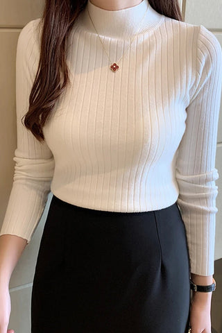 Long Sleeve Semi High Neck Knitted Slim Sweater