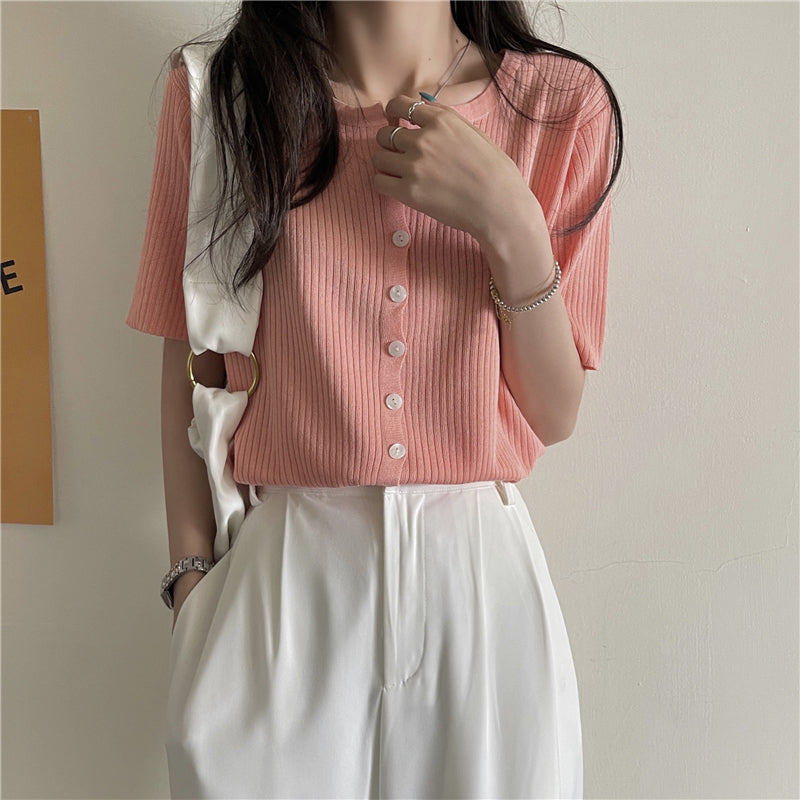Short Sleeve Candy Colors Button Knitted Shirt