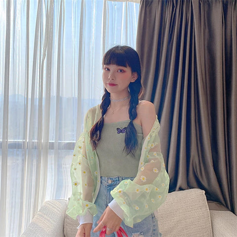 Daisy Flower Thin Transparent Casual Jacket