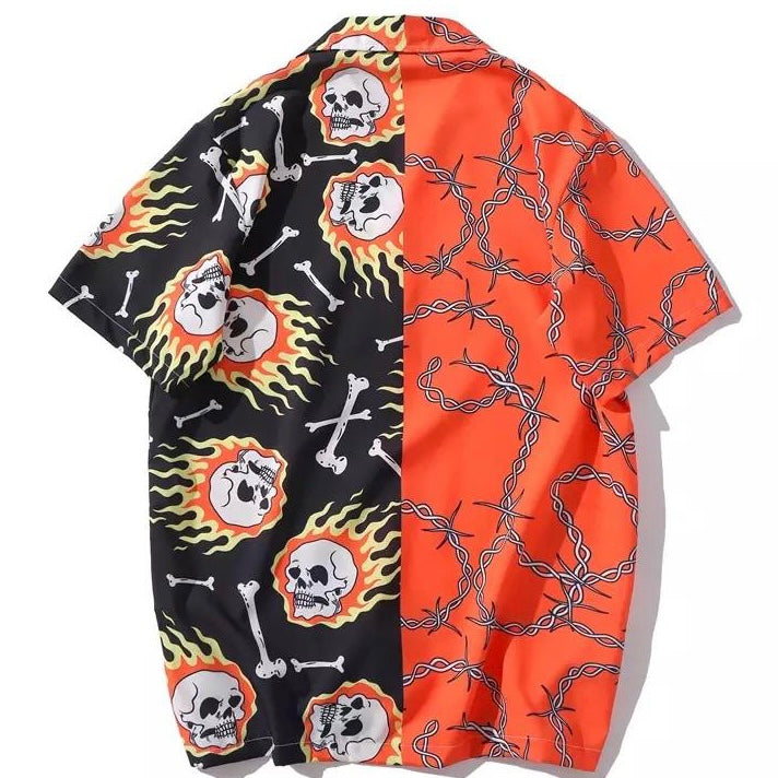 Camiseta de alambre de púas y calaveras ardientes