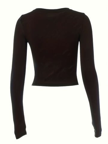 Crop Tee Y2K Eye Print Y2K Eye Print Crop Tee, Crew Neck Long Sleeve Slim T-shirt, Clothing