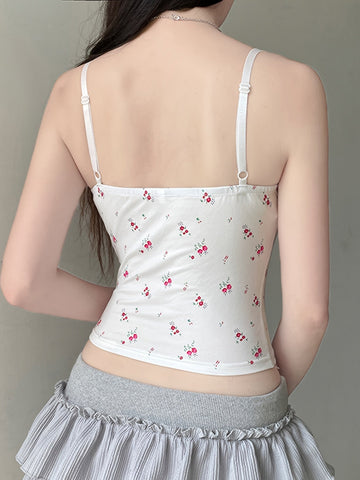 Chic Y2K Floral & Plaid Lace-Trim Cami Top - French-Inspired, Stretchy Linen Blend, Machine Washable - Perfect for All Seasons