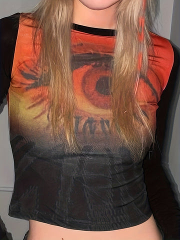 Crop Tee Y2K Eye Print Y2K Eye Print Crop Tee, Crew Neck Long Sleeve Slim T-shirt, Clothing