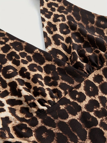 Stretchy Polyester Blend Leopard Print Halter Top - Y2K Grunge Punk Casual Ruched Detail for - Machine Washable