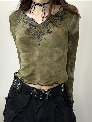 Tie Dye Flare Sleeve T-shirt, Y2K Notched Neck Lettuce Trim Long Sleeve Top For & Fall, Clothing