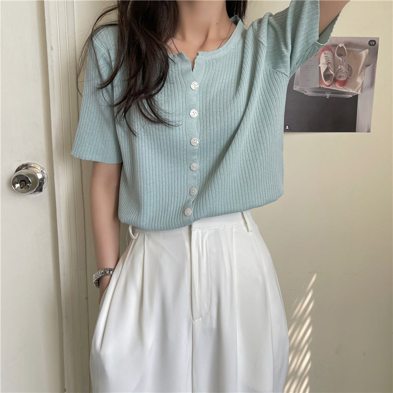 Short Sleeve Candy Colors Button Knitted Shirt