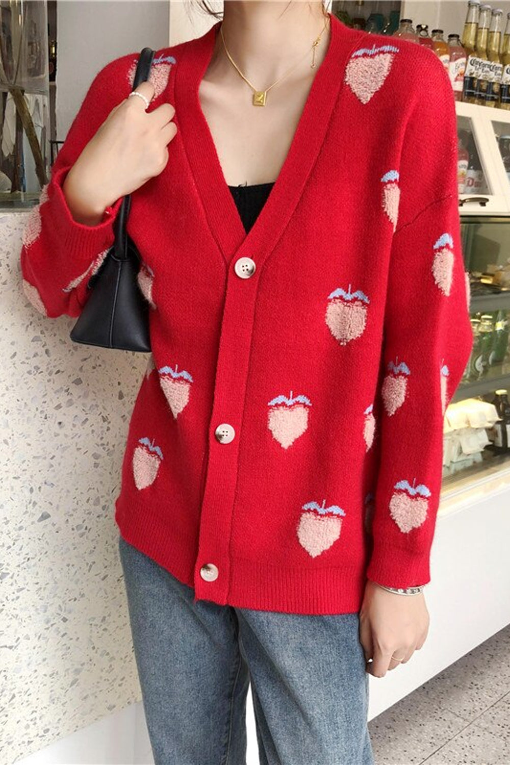 Strawberry Pattern V-Neck Knitted Cardigan Sweater