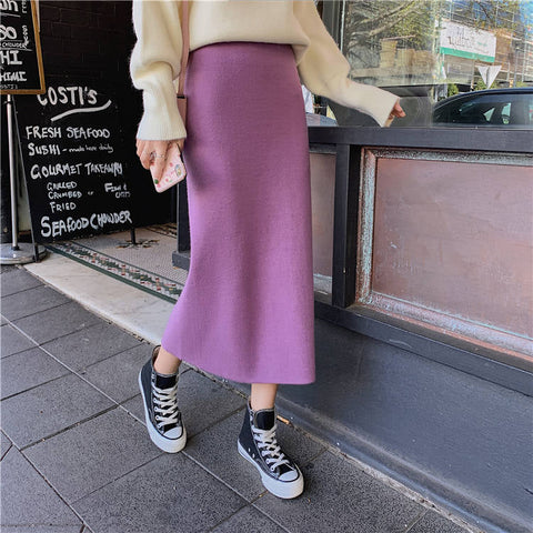 High Elastic Waist Solid Split Knitted Skirt