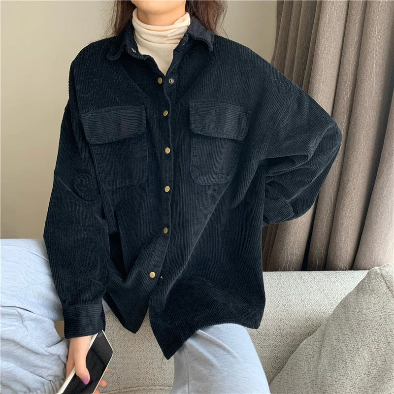 Long Sleeve Pockets Corduroy Loose Shirt