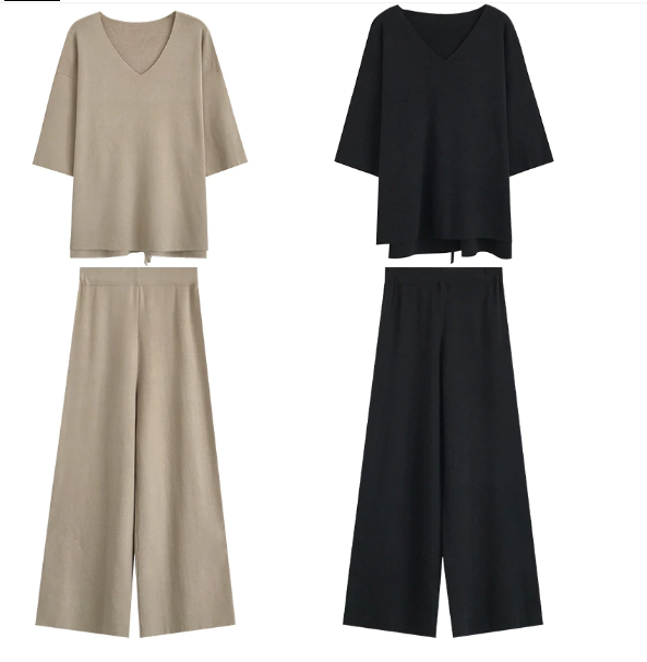 Two Piece Set Knitted Pullover V-Neck and Wide Leg Pants