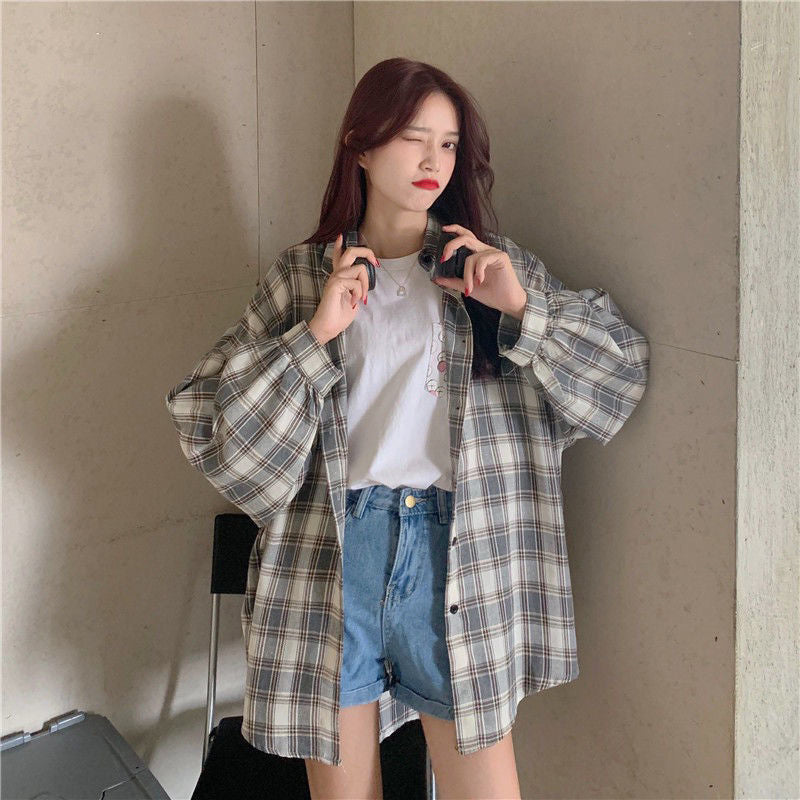 Long Sleeve Cute Plaid Loose Shirt