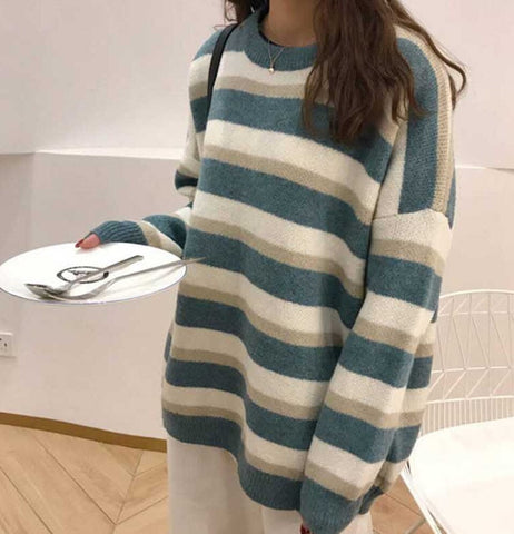 Loose Long Knitted Striped Sweater