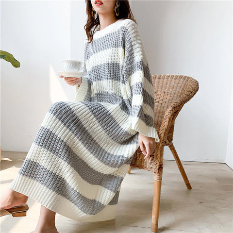 Vintage Loose Striped Long Knitted Dress Sweater