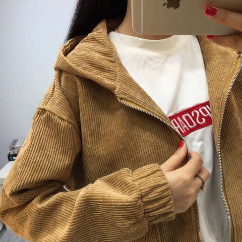 Zip Up Hooded Corduroy Jacket