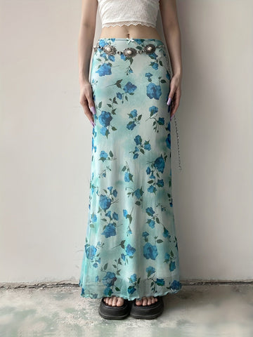 Vintage Floral Print Mesh Long Skirt with Bow - Retro Y2K Aesthetic - - Polyester Blend - Knit Fabric - Seasonal All Year Round - Exclusive Collection