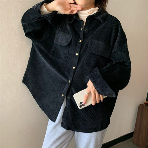 Long Sleeve Pockets Corduroy Loose Shirt