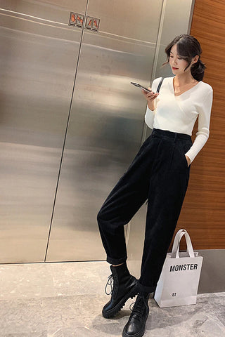 Elastic Waist Corduroy Slim Pants