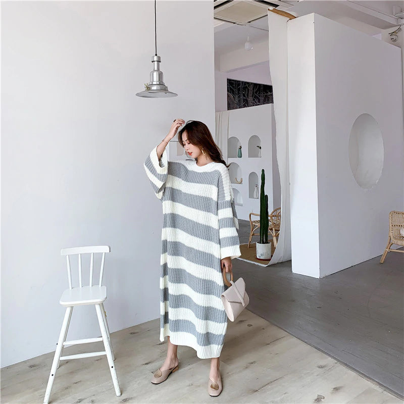 Vintage Loose Striped Long Knitted Dress Sweater