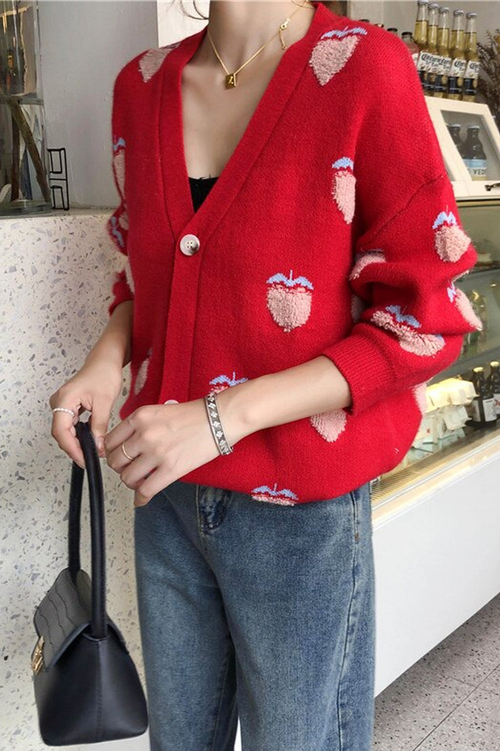 Strawberry Pattern V-Neck Knitted Cardigan Sweater