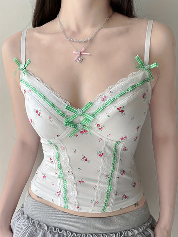 Chic Y2K Floral & Plaid Lace-Trim Cami Top - French-Inspired, Stretchy Linen Blend, Machine Washable - Perfect for All Seasons