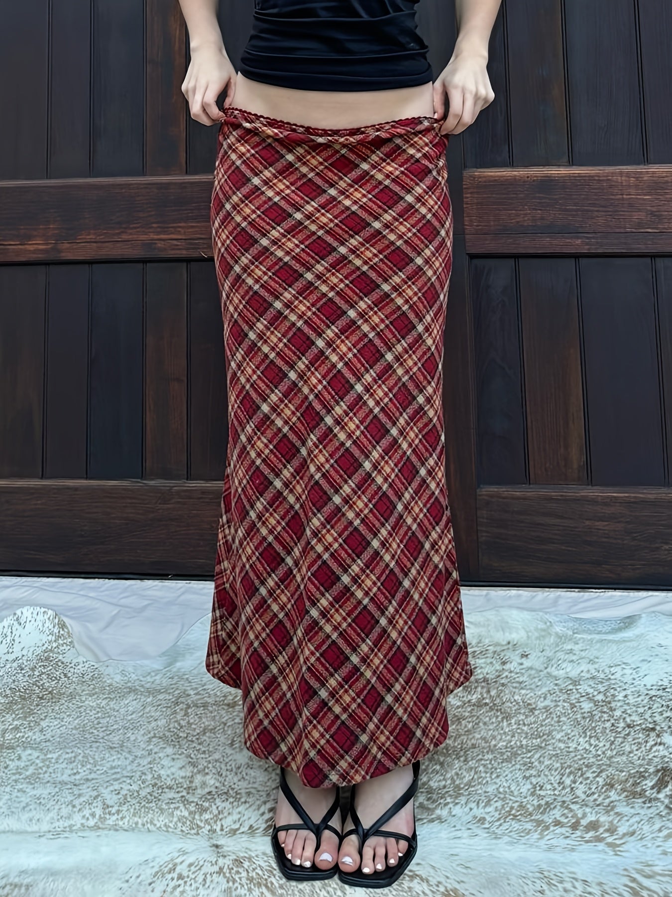 Y2K-Inspired Harajuku Plaid Maxi Skirt with Mermaid Hem - Stretchy Polyester Blend, Machine Washable, Red & Black Checkered Pattern for All Seasons, Allseason Fashion|Bold Pattern Skirt|Flexible Clothing