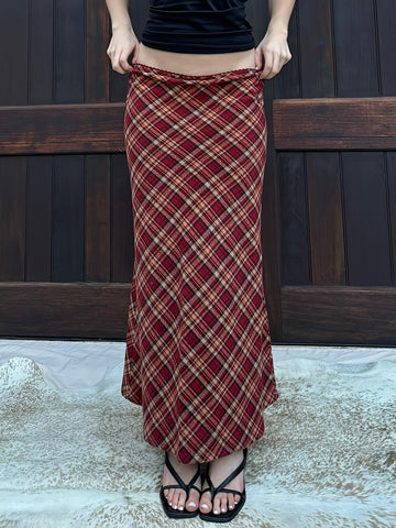 Y2K-Inspired Harajuku Plaid Maxi Skirt with Mermaid Hem - Stretchy Polyester Blend, Machine Washable, Red & Black Checkered Pattern for All Seasons, Allseason Fashion|Bold Pattern Skirt|Flexible Clothing