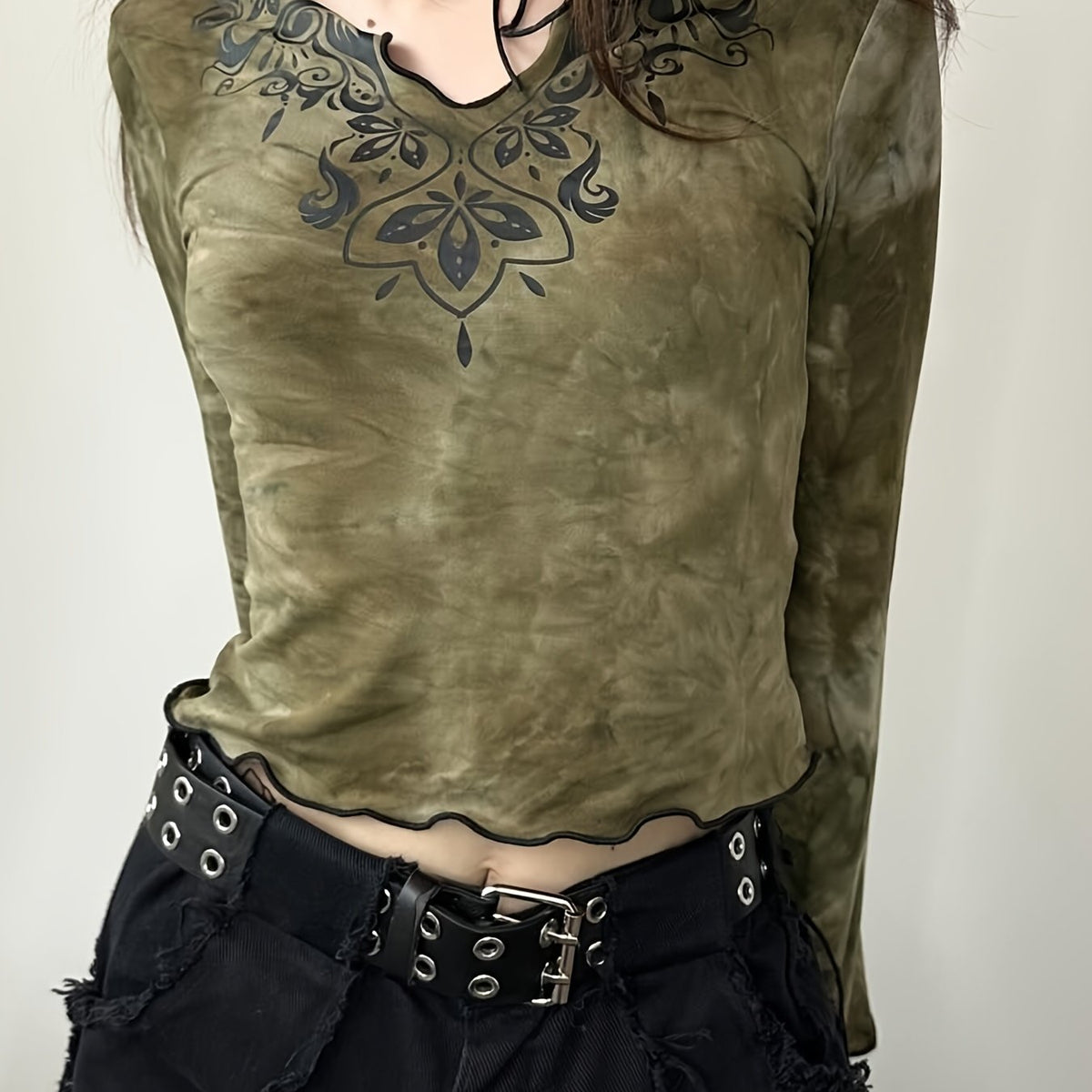 Tie Dye Flare Sleeve T-shirt, Y2K Notched Neck Lettuce Trim Long Sleeve Top For & Fall, Clothing