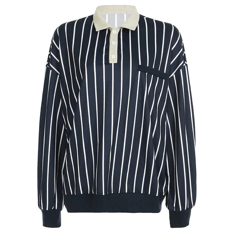 Preppy Style Loose Sweatshirt Y2k Streetwear Patchwork Full Sleeve Turn-down Neck Hoodies Casual Vintage Pullovers