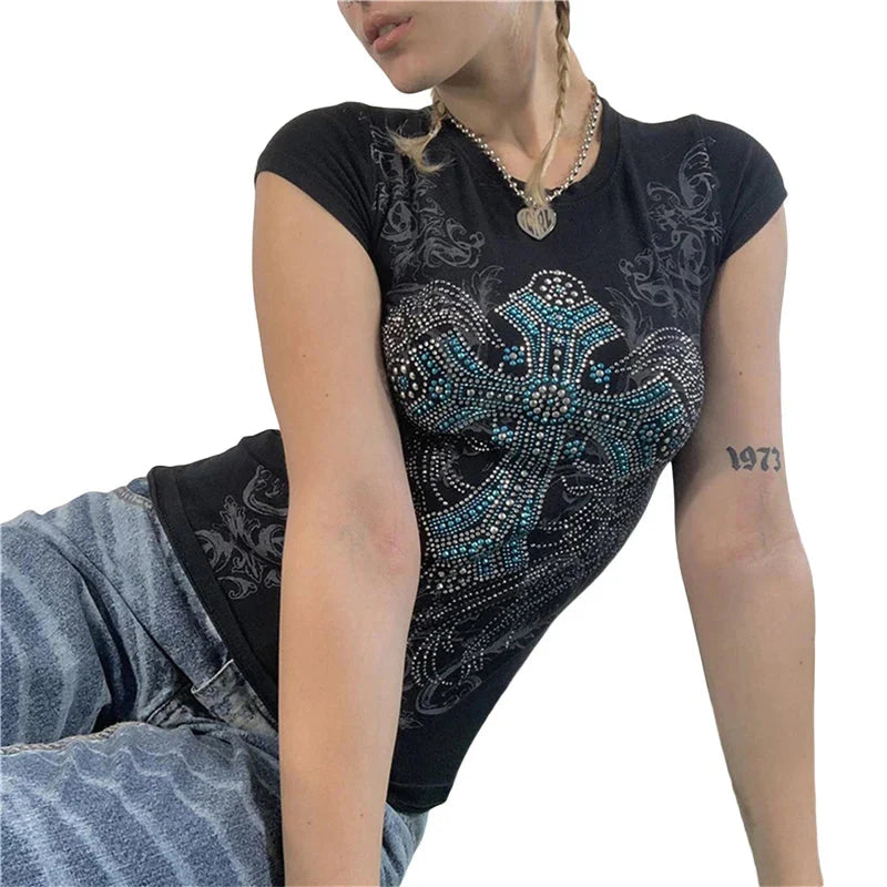 Goth T Shirts y2k Aesthetic Fairy Grunge Clothes Rhinestone Cross Wings Pattern Short Sleeve Tops Streetwear