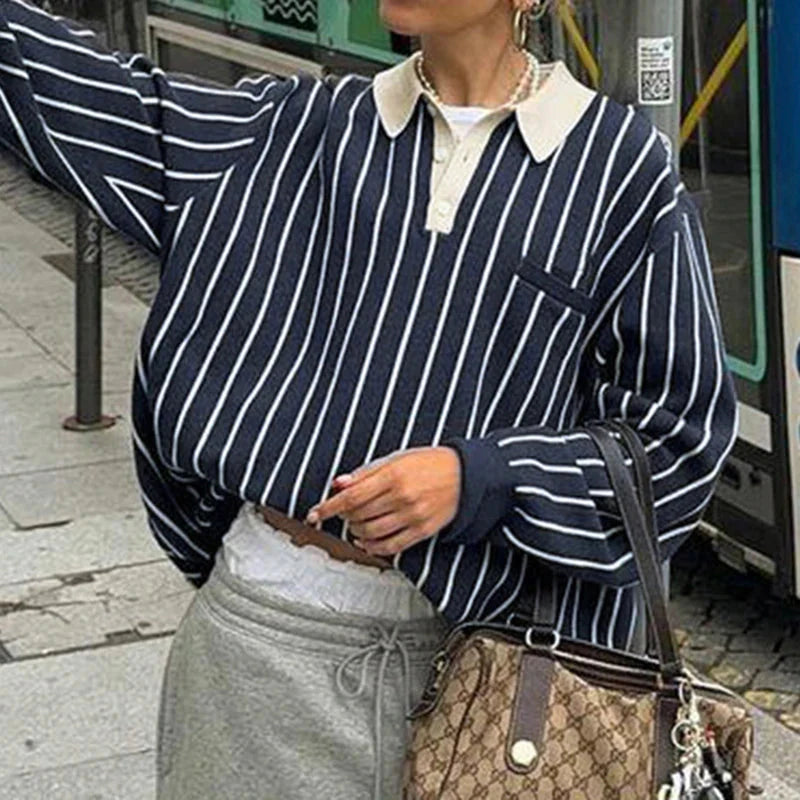 Preppy Style Loose Sweatshirt Y2k Streetwear Patchwork Full Sleeve Turn-down Neck Hoodies Casual Vintage Pullovers