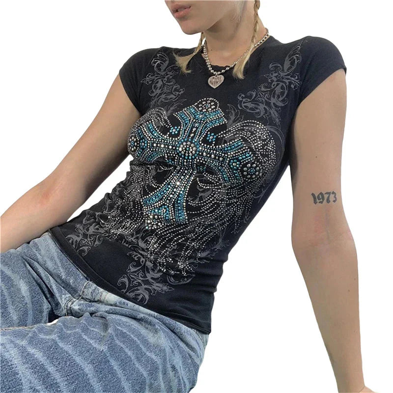 Goth T Shirts y2k Aesthetic Fairy Grunge Clothes Rhinestone Cross Wings Pattern Short Sleeve Tops Streetwear