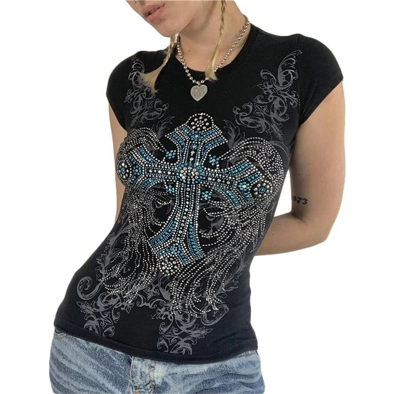 Goth T Shirts y2k Aesthetic Fairy Grunge Clothes Rhinestone Cross Wings Pattern Short Sleeve Tops Streetwear