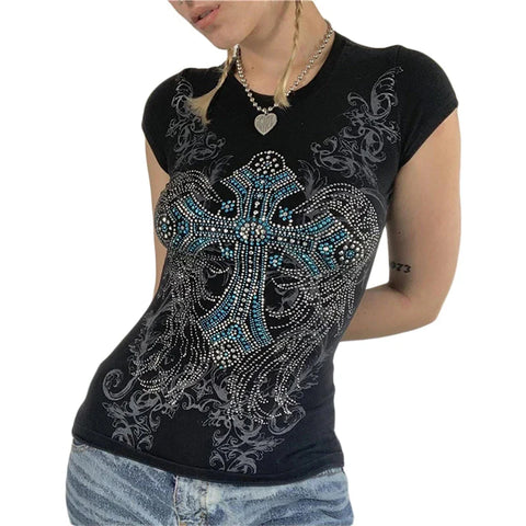 Goth T Shirts y2k Aesthetic Fairy Grunge Clothes Rhinestone Cross Wings Pattern Short Sleeve Tops Streetwear